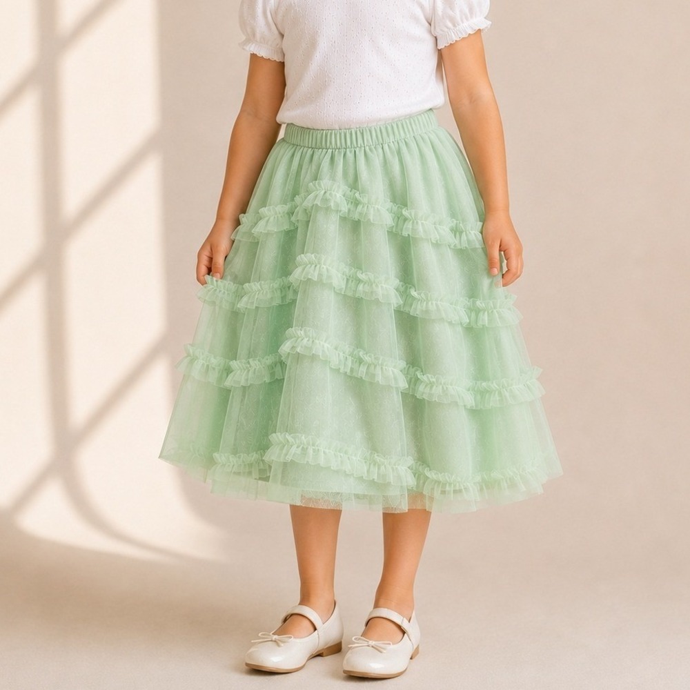 Mini Boden Tulle Midi Occasion Skirt Tiered Ruffle Mint Green G4160 3-4Y EUC